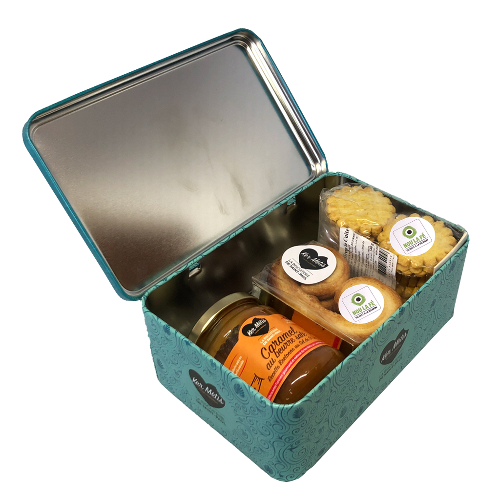 Boîte à sucre ” Île de la Réunion “, assortiment 2 biscuits et caramel au beurre salé - 440g