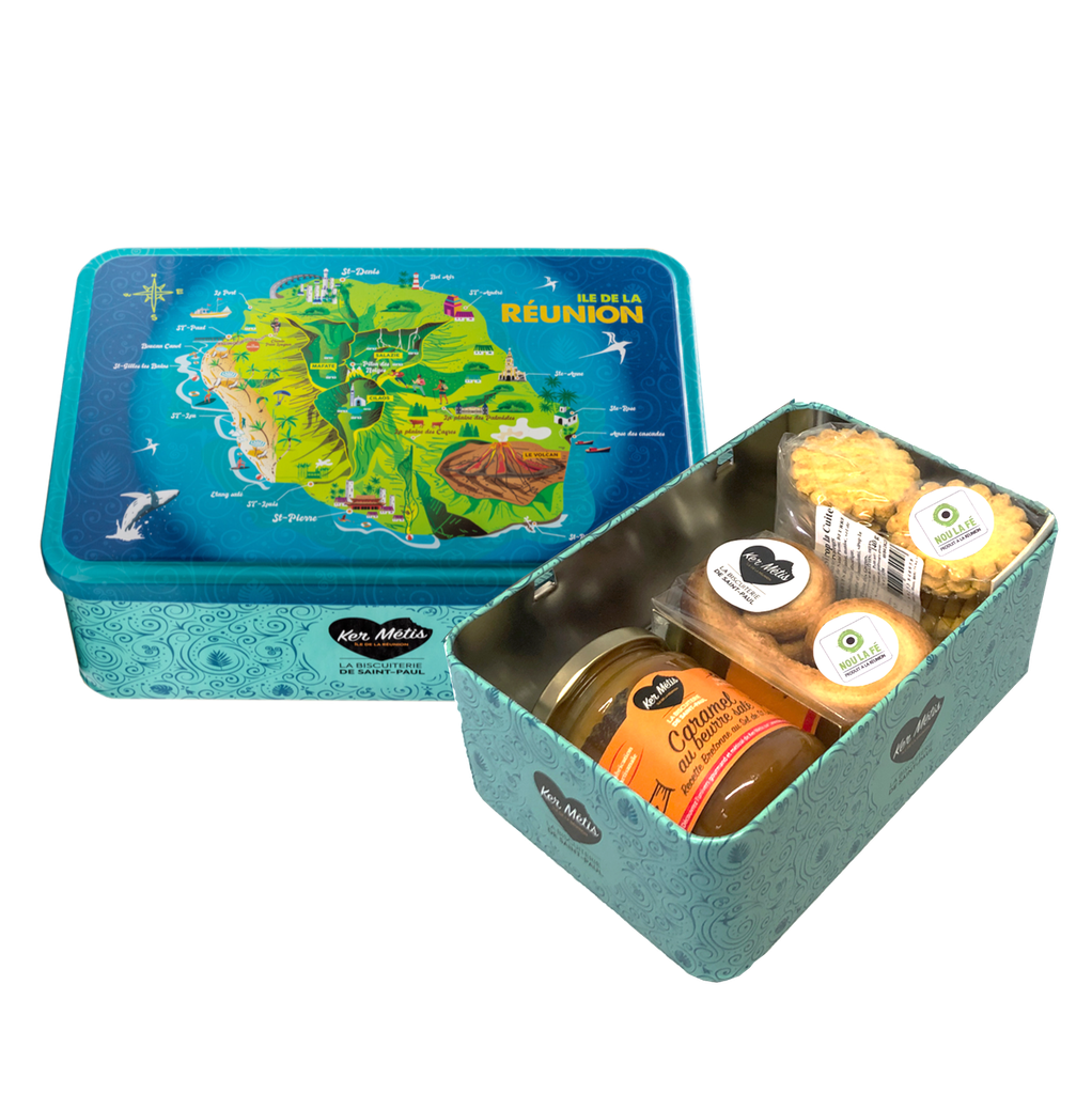 Boîte à sucre ” Île de la Réunion “, assortiment 2 biscuits et caramel au beurre salé - 440g