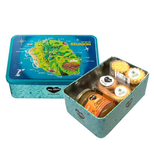 [2457] Boîte à sucre ” Île de la Réunion “, assortiment 2 biscuits et caramel au beurre salé - 440g